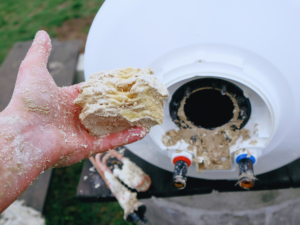 Plumber with handful of sediment buildup from water heater tank