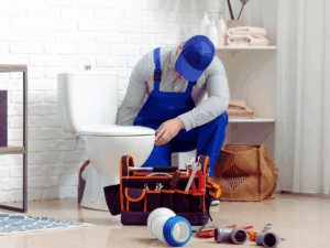 Plumber measuring toilet rough-in