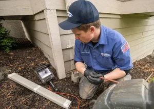 An Apollo Plumbing technician conducting a drain line inspection using a camera system outside a home in Everett, WA.