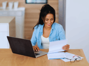 homeowner happy with money she has saved on water bill because of high efficiency fixtures