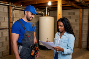 Plumber going over water heater installation permits with homeowner